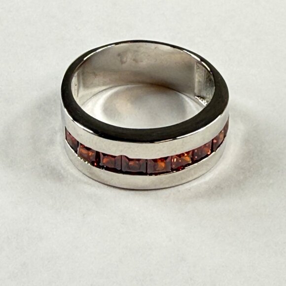 Silver Tone Band Ring with Channel Set Square Reddish Color Stones Size 8 - Picture 4 of 11